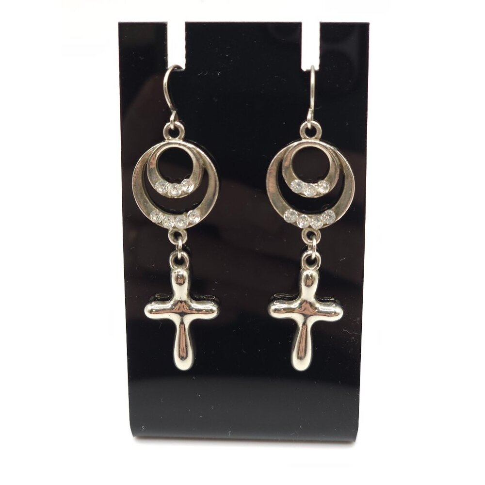 Silver Cross Dangle Earrings With Rhinestone Accents & Circular Detailing